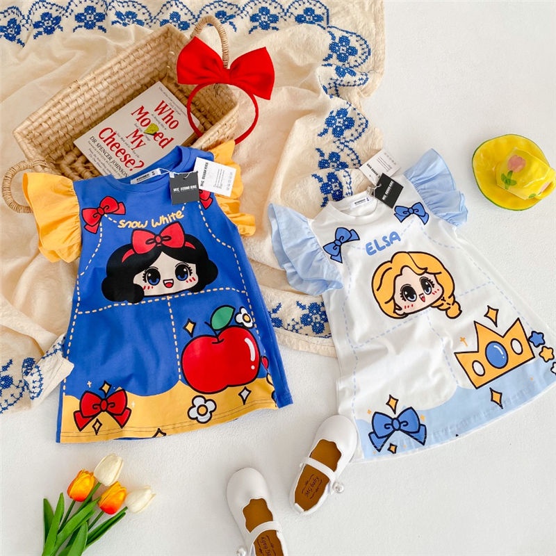 [PRINCESS KESLI] 1-9 Tahun Dress Scuba Anak Perempuan Putri Kartun Elsa Karakter Baju Putih Dan Biru