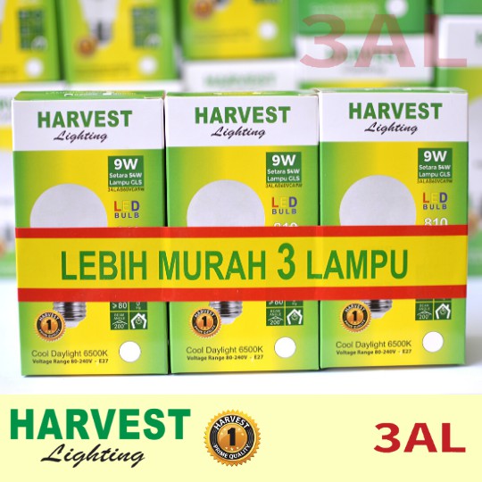 9W - Paket Isi 3 - HARVEST LIGHTING Lampu Bohlam LED A Bulb  9 Watt Lampu Hemat Energi Original Bersertifikasi SNI dan Bergaransi