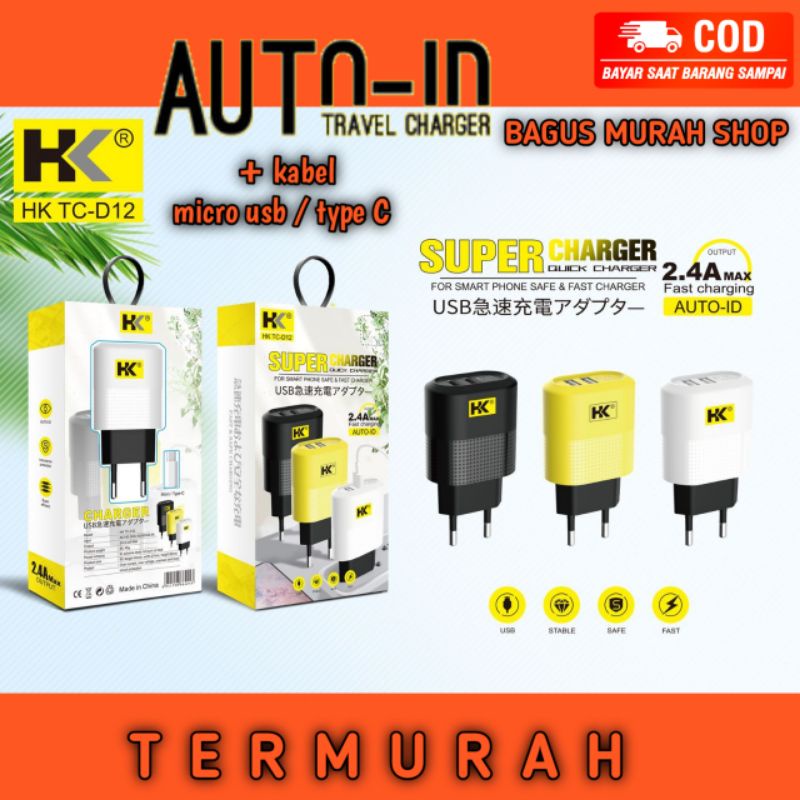 Super charger auto id 2.4A max fast charging quick charger + kabel data micro usb type C 2usb termurah