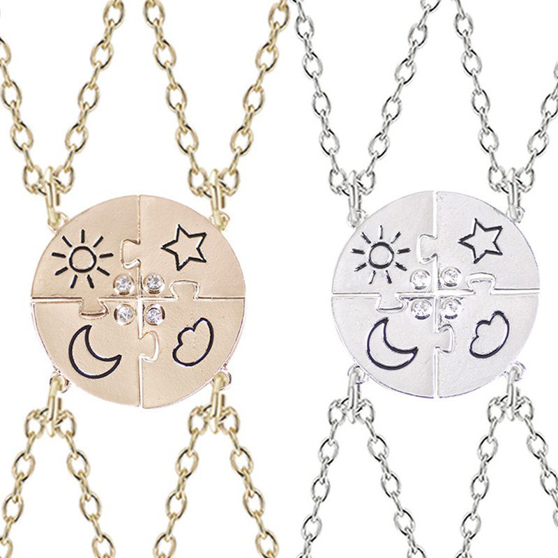 4Piece/Set Best Friend Friendship Necklace Sun Moon Cloud And Star Inlaid Rhinestone Stitching BFF Pendant Fashion Jewelry Gift|Pendant Necklaces