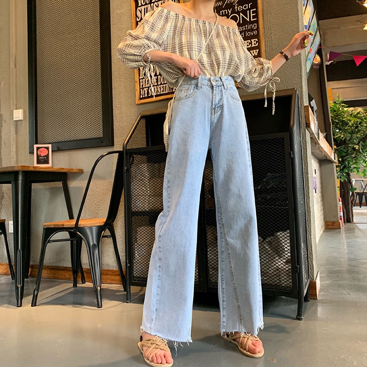 Celana Panjang Jeans Lebar High Waist dengan Saku untuk Musim Panas