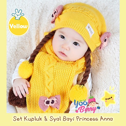 YooBerry Paket Topi Kupluk &amp; Syal Rajut Bayi Princess Anna Premium Berry Mart