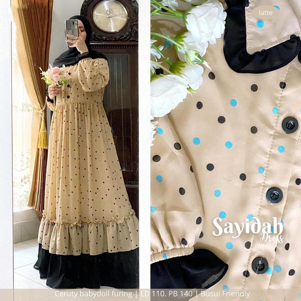 Gamis Polkadot Terbaru Dress Muslim Ceruty Babydoll Full Furring Ld 110 Cm Fashion Muslim Sayidah