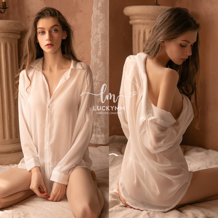 Sexy Lingerie Kemeja Transparan Baju Tidur Sexy Wanita Kemeja Putih 09 - Putih, L