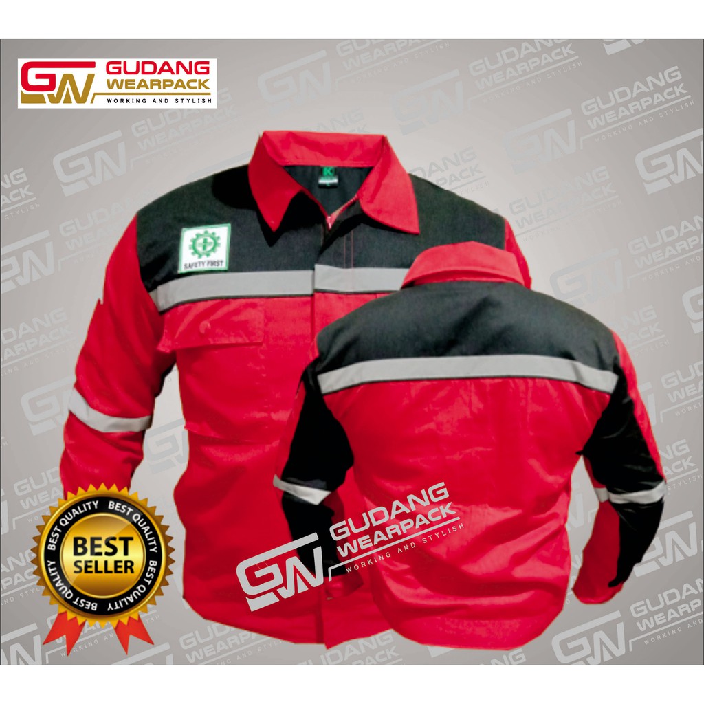 Gudang Wearpack - Baju Kerja Seragam Proyek Warna Merah Hitam