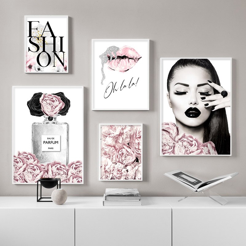 Pink Flower Perfume Fashion Lady Poster Sliver Lips Makeup Canvas Prints Art Painting Wall Picture Modern Girl Home Decoration Unframed Shopee Indonesia