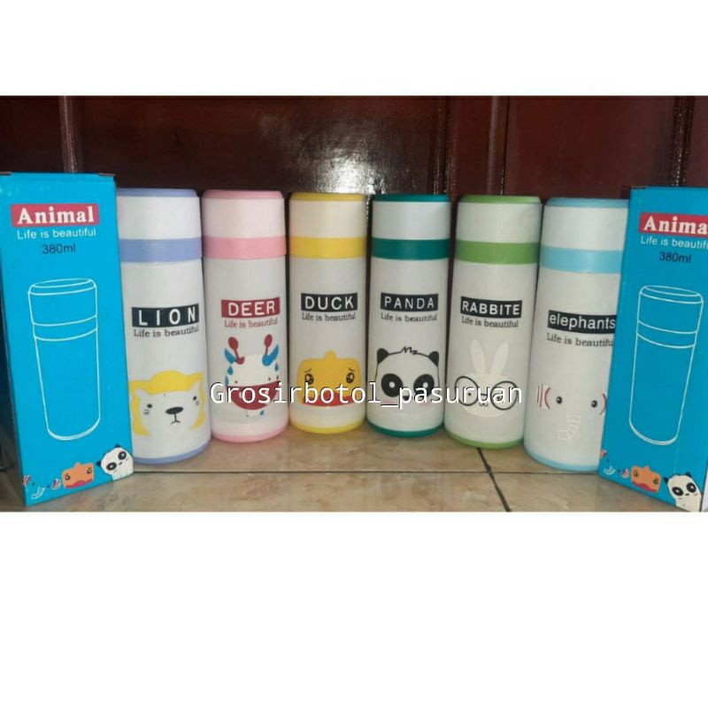 BOTOL MINUM KACA atau BOTOL MOTIF KACA ANIMAL PUTIH380ml