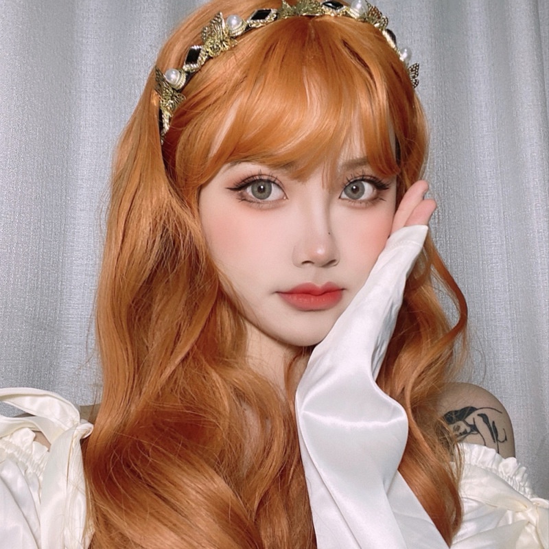 Wig wanita rambut keriting panjang gelombang besar jaring merah lucu Lolita orange pabrik tempat one