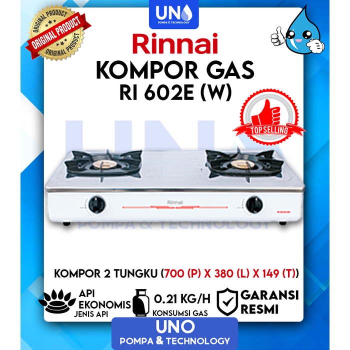 Rinnai Kompor Gas Stainless Steel 2 Tungku Api Ekonomis RI 602 E / RI-602 E / RI602E W PUTIH