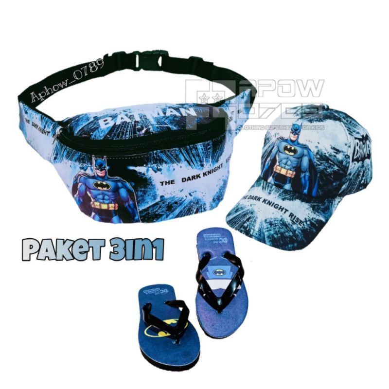 PAKET HEMAT 3IN1 TAS WAISTBAG ANAK + TOPI DAN SANDAL KARAKTER