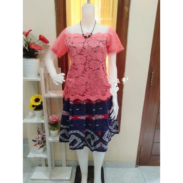 setelan rok tenun blouse brokat pink