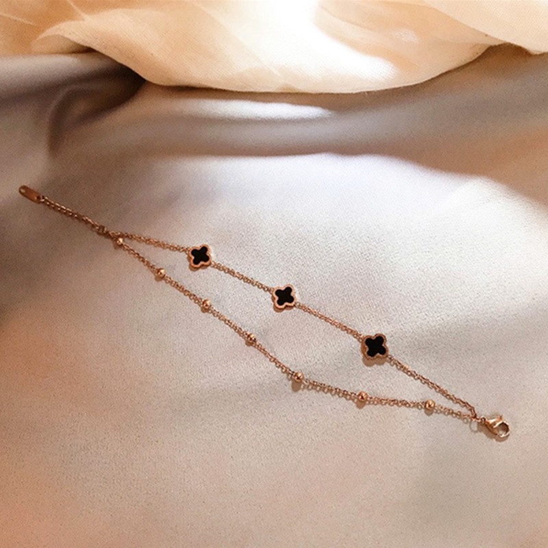 Gelang Titanium 2 Layer Semanggi Beruntung Wanita Anti Karat Emas 18k Korea Aksesoris-5