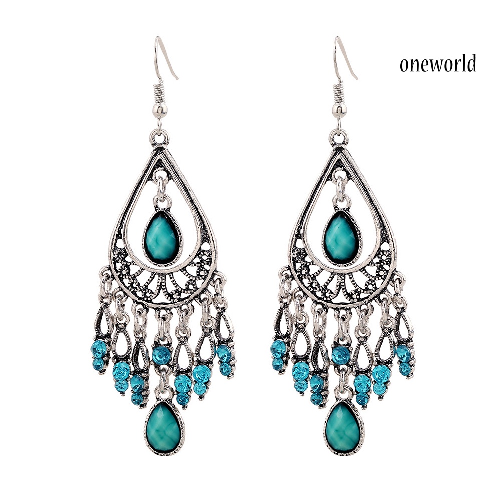 OW@ Boho Women Hollow Carved Faux Gemstone Tassel Drop Dangle Hook Earring Jewelry