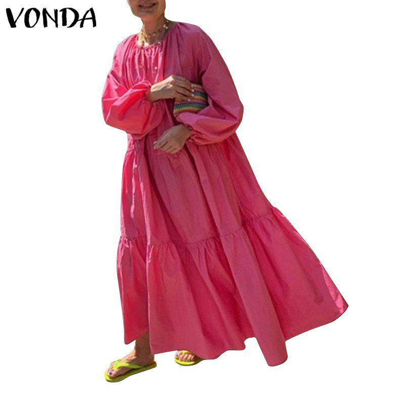 Vonda Women Long Sleeve Solid Casual Loose Holiday Long Pleated Dress