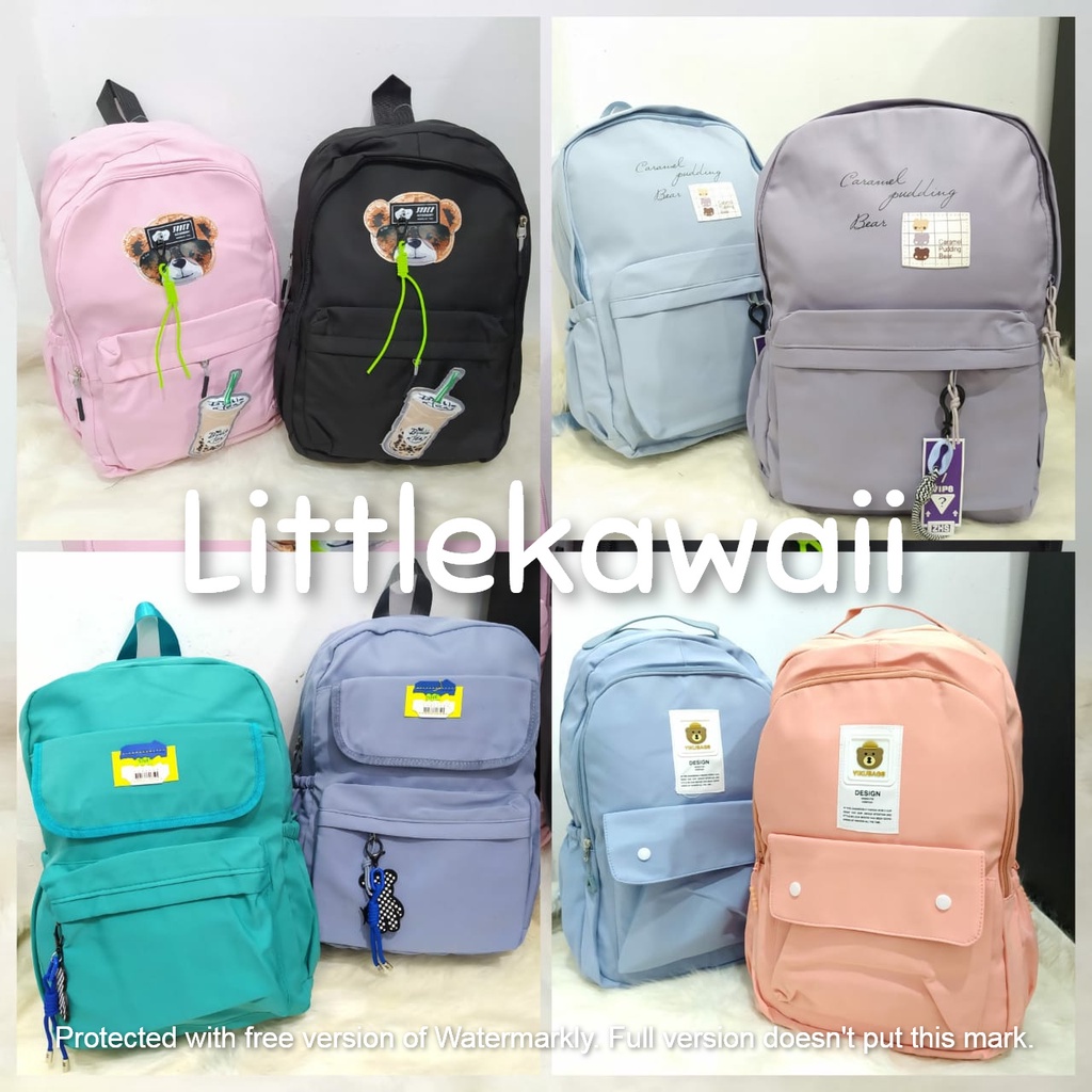 LK/ Tas Ransel Laptop Backpack Parasut Sekolah Fashion Remaja Casual Boba Gantungan Bear Mix Import