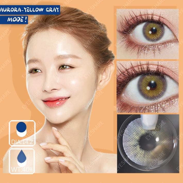 【COD&amp;Spot】Sepasang lensa kontak berwarna diameter 14.2MM mata soflen brown softlens natural soflens korea aesthetic softlens minus(0.00) free lenscase big eye AURORA CRYSTAL/YELLOW-GREEN harian soflen