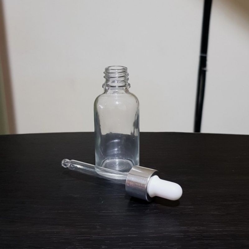 botol kaca pipet 30ml bening tebal - ring almunium silver