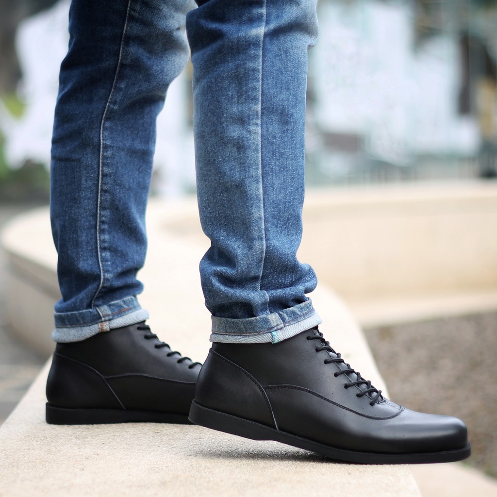 Reyl Strings Black - Sepatu Boots Kasual Kerja Riding Pria Men Cowok Kulit Asli