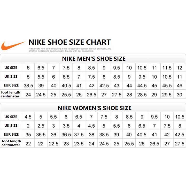 nike feet size chart