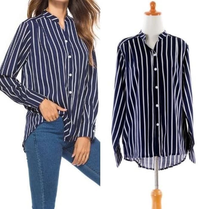 IMPORT Stripe Navy Blue Shirt Hem Atasan Jumbo Kemeja Wanita Garis