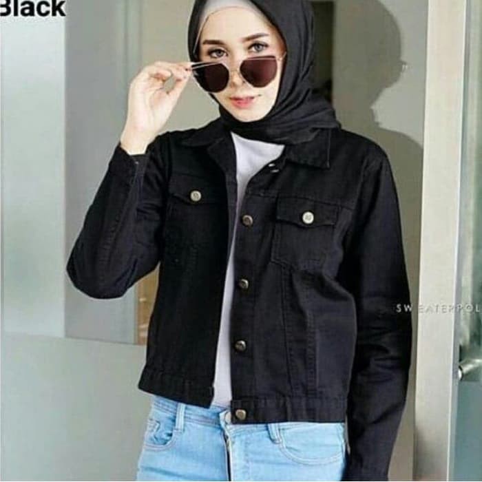 Jaket Jeans Cewek Hitam Polos / jaket jeans denim wanita hitam pekat