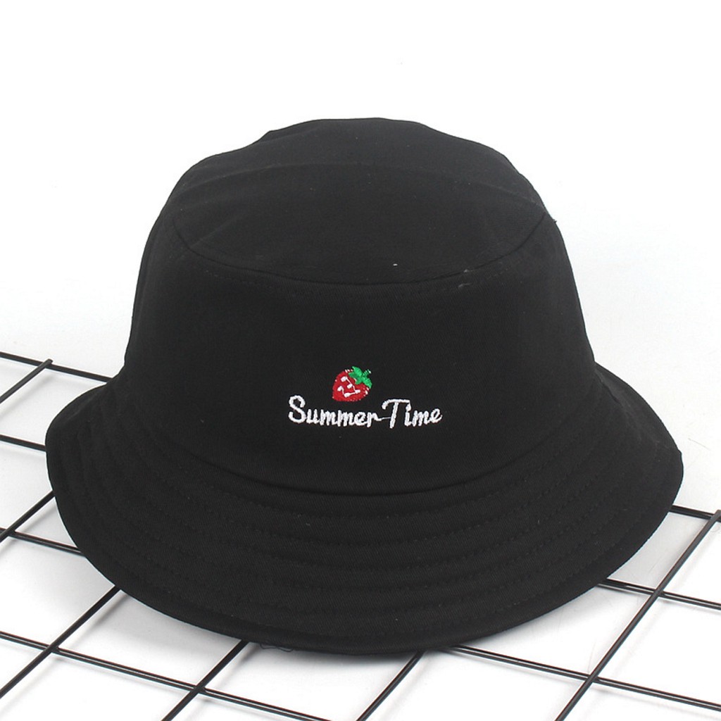 topi bucket summer time strawberry hat bordir pantai mancing fisherman