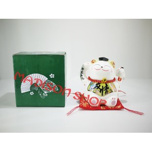 MANEKI NEKO LUCKY CAT CELENGAN KERAMIK PUTIH TOPI PIGGY BANK SEDANG