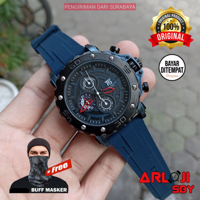 JAM TANGAN PRIA T5 H3865 CHRONOGRAPH ORIGINAL TAHAN AIR 3 ATM BLACK BLUE ROSE FREE BOX PAPPER BAG