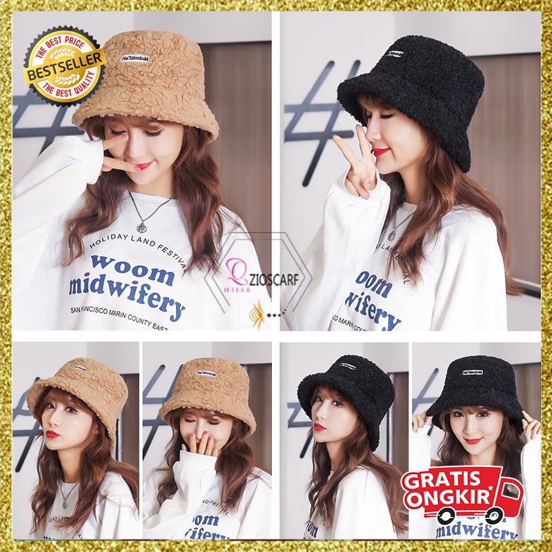 Bucket Hat Pria Wanita Korea Motif HaiTalentoM Bahan Kain Wol Bulu Domba halus fashion kekinian TBA