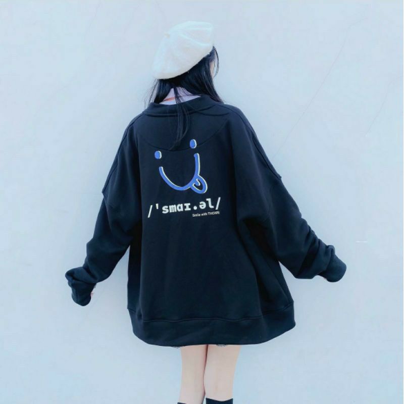 S - XXXXXL(6XL) Sweater SMILE Big Size Women Korean Fashion OVERSIZE Jaket Crewneck Pria Wanita Loose Long Sleeve Ulzzang 5XL 4XL 3XL 2XL XL L M XXXXL HITam Putih Neon