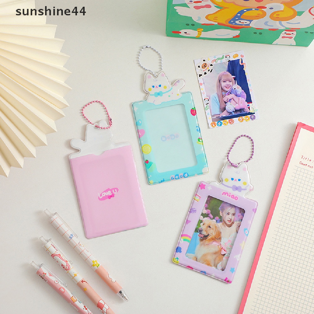 Sunshine Holder Kartu Foto Wanita Motif Kucing Kpop Kawaii Dengan Rantai Pelindung