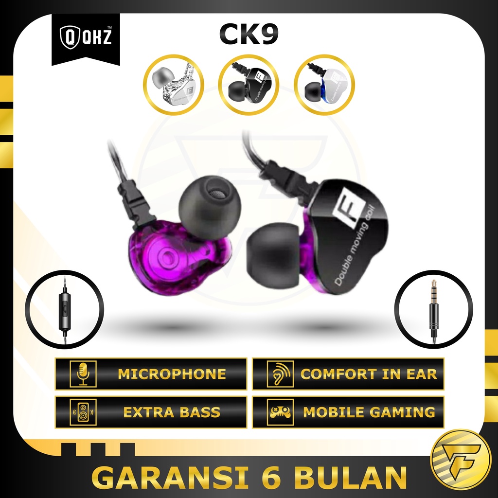 QKZ CK9 earphone DUAL DRIVER stereo bass music Sport telfon headset mic original