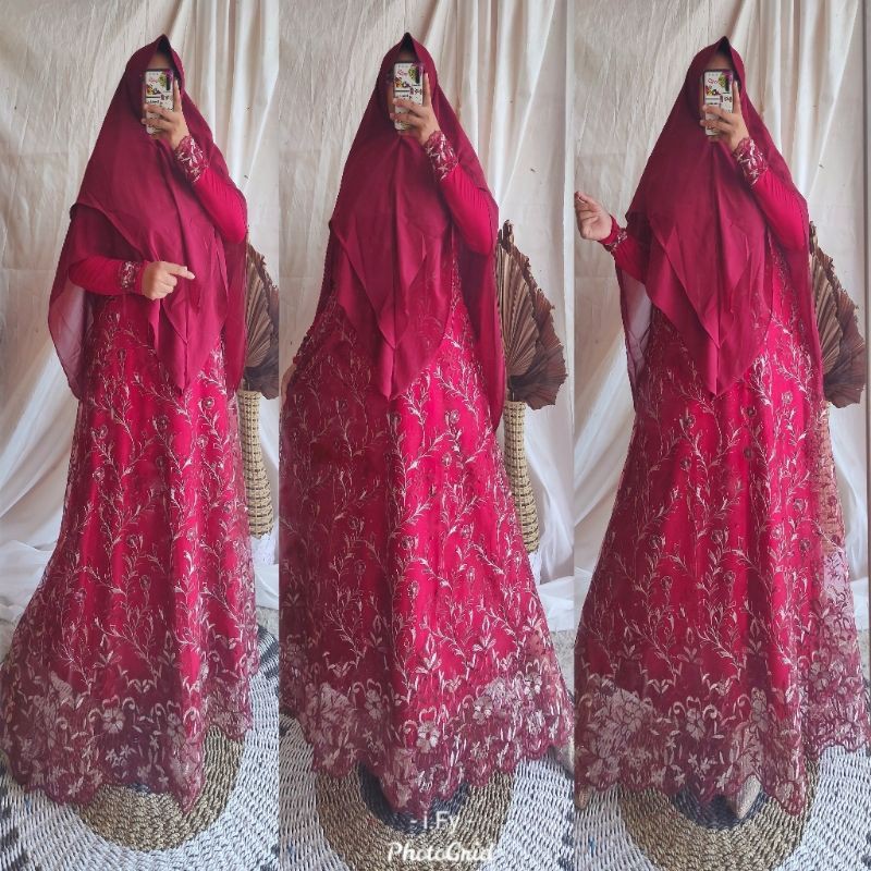 REALPICT SET GAMIS SYARI PESTA MEWAH TILE BORDIR GLITTER BROKAT JUMBO BUSUI KHIMAR PET ANTEM DASI