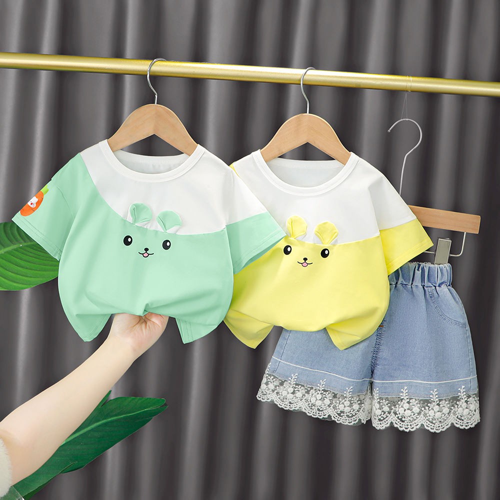 KF Cat Setelan Anak Perempuan Celana Jeans Pendek + Kaos  Lucu Bahan Cotton Import Umur 9bln -3 tahun Sets-1