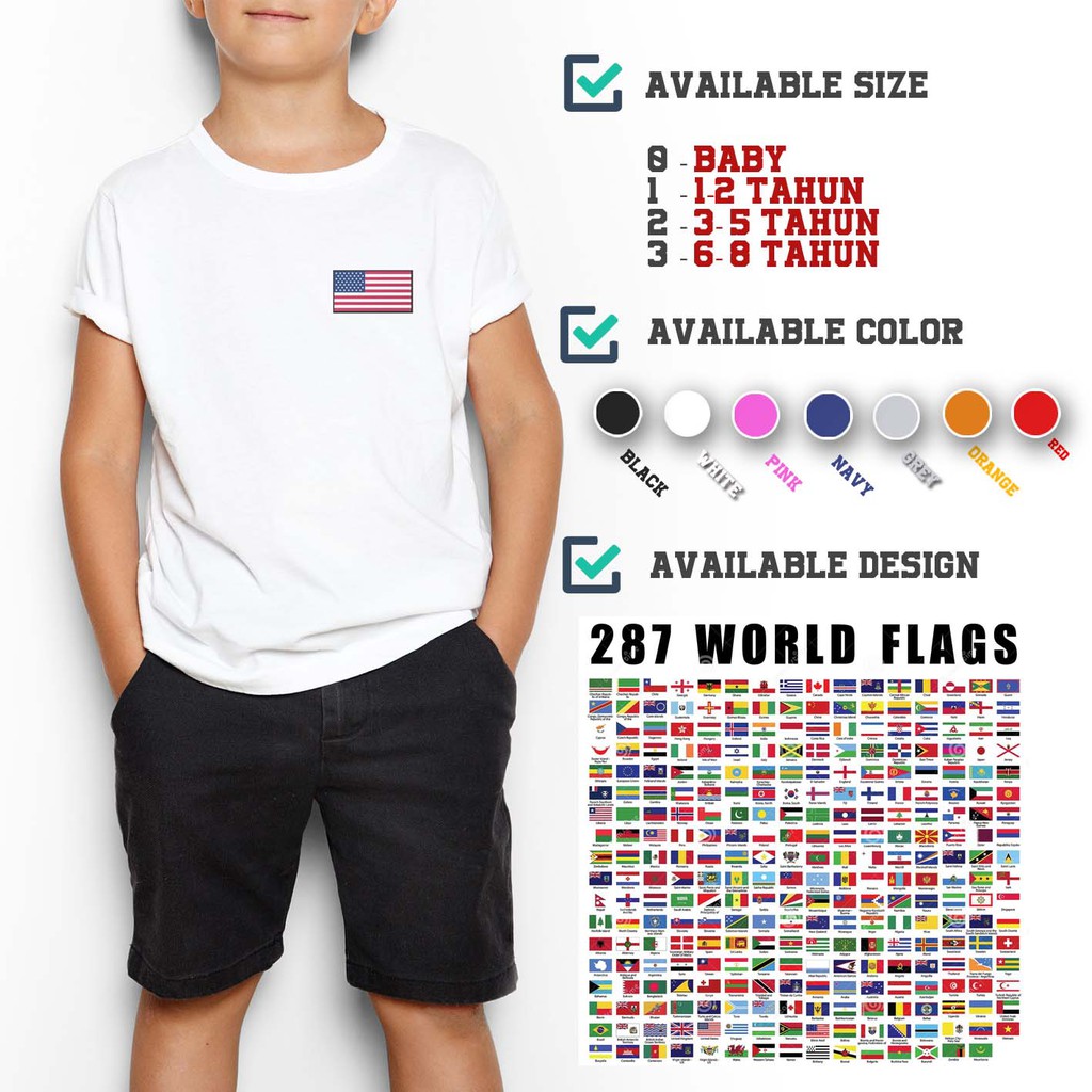 C/23 Kaos Distro Anak Bendera Logo USA UK Australia Korea Japan dll 0-8 Tahun