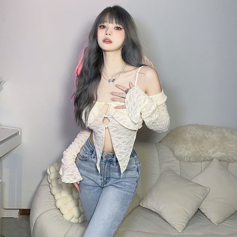 Prove kekinian atasan crop top French pure desire girl niche thin suspender T-shirt female ins net red chic hollow top summer baju import kaos wanita korean style