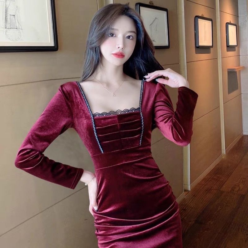 Md20/248 Korean velvet mini dress bodycon long sleeve square neck / Gaun pendek lengan panjang leher kotak bludru