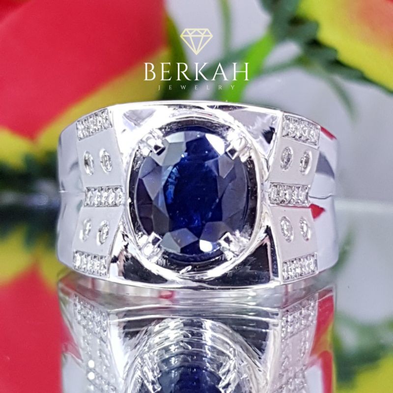 Cincin Pria Batu Blue Safir Srilanka Asli Berlian Asli Ring Perak Palladium