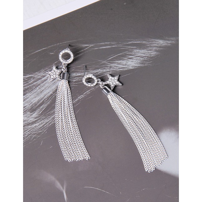 LRC Anting Tusuk Fashion Silver Star-studded Tassel Earrings F52092