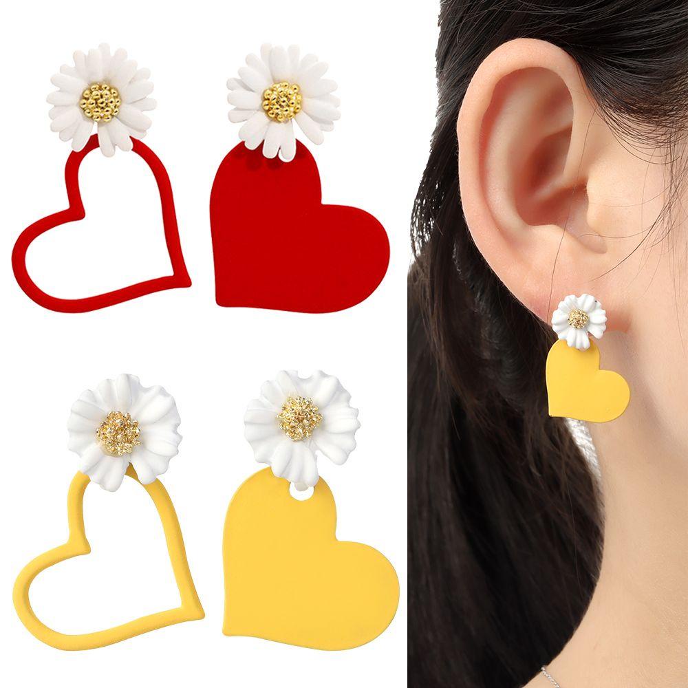 Preva Anting Bunga Daisy Bunga Hadiah Merah Kuning Perhiasan Fashion Manis Ear Stud