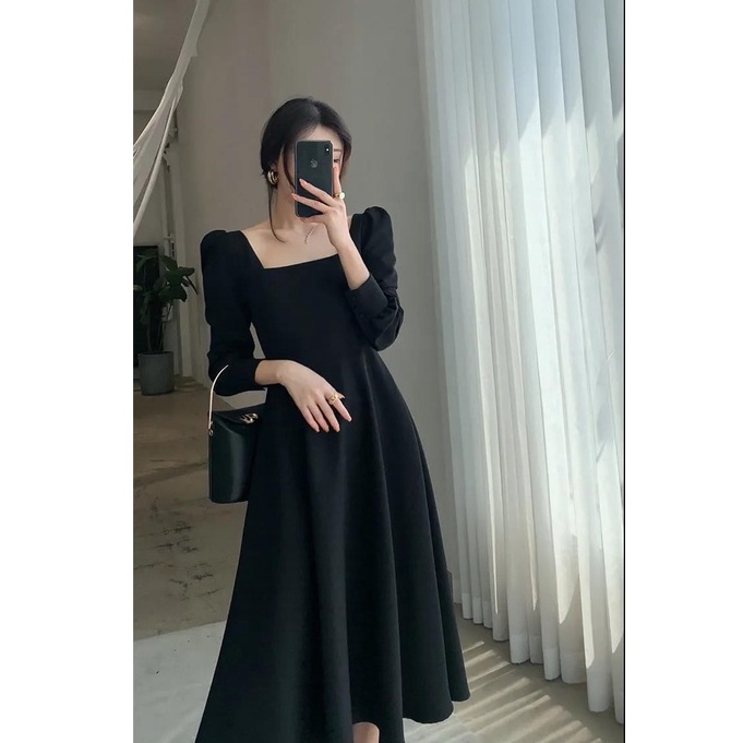 XIAOZHAINV Dress Wanita Korean Style Lengan Panjang Hitam H6673