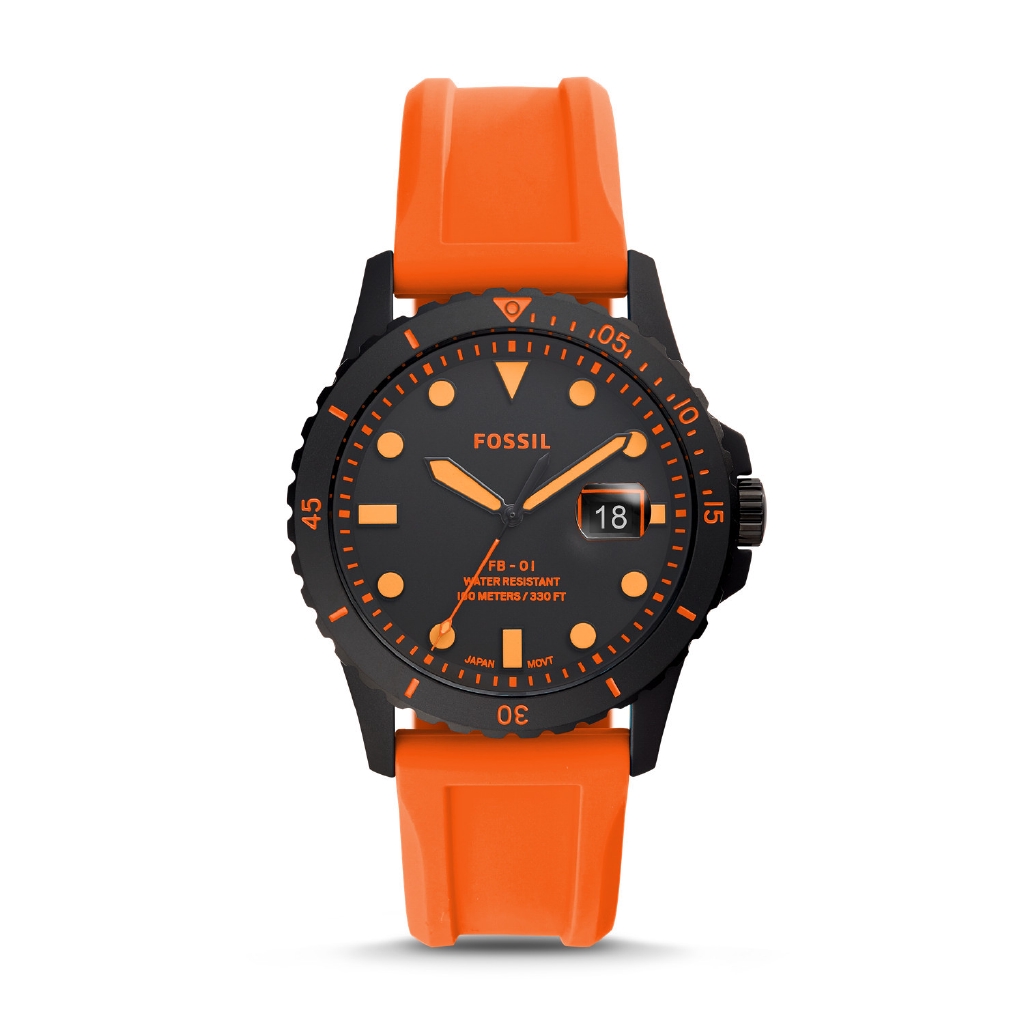 Fossil FB-01 Three-Hand Date Neon Orange Silicone Watch FS5686 Jam Tangan Pria