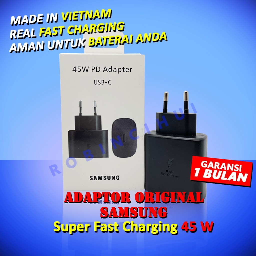 Charger Adaptor Samsung 45 Watt Type C Usb C Fast Charging Original Samsung Note10,A70,A80,S20 Ultra