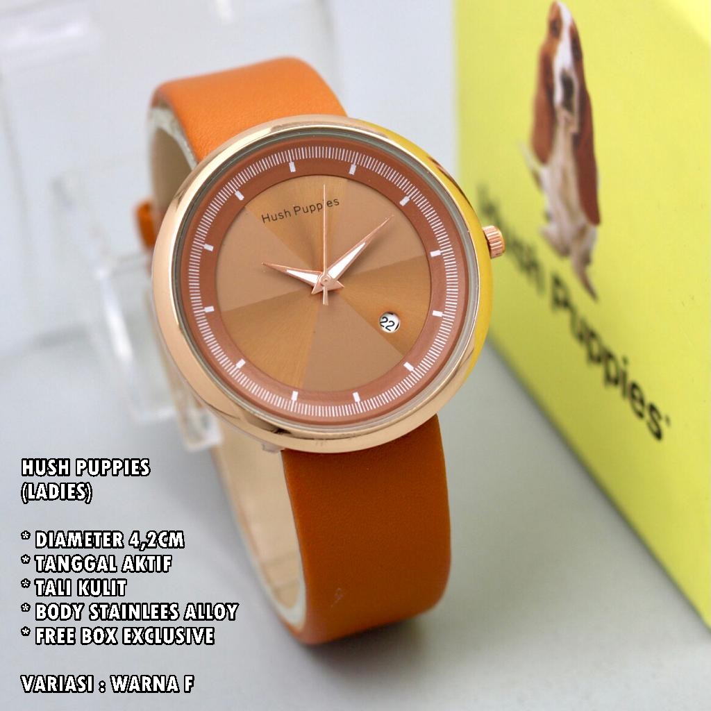 (FREE BOX) JAM TANGAN WANITA HUSH PUPPIES TALI KULIT BODY BULAT TANGGAL AKTIF