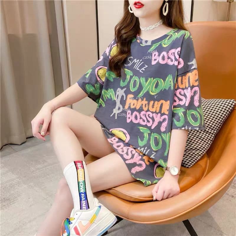 Oversize Tee Tshirt Wanita Model Longgar Motif Tulisan Fortune