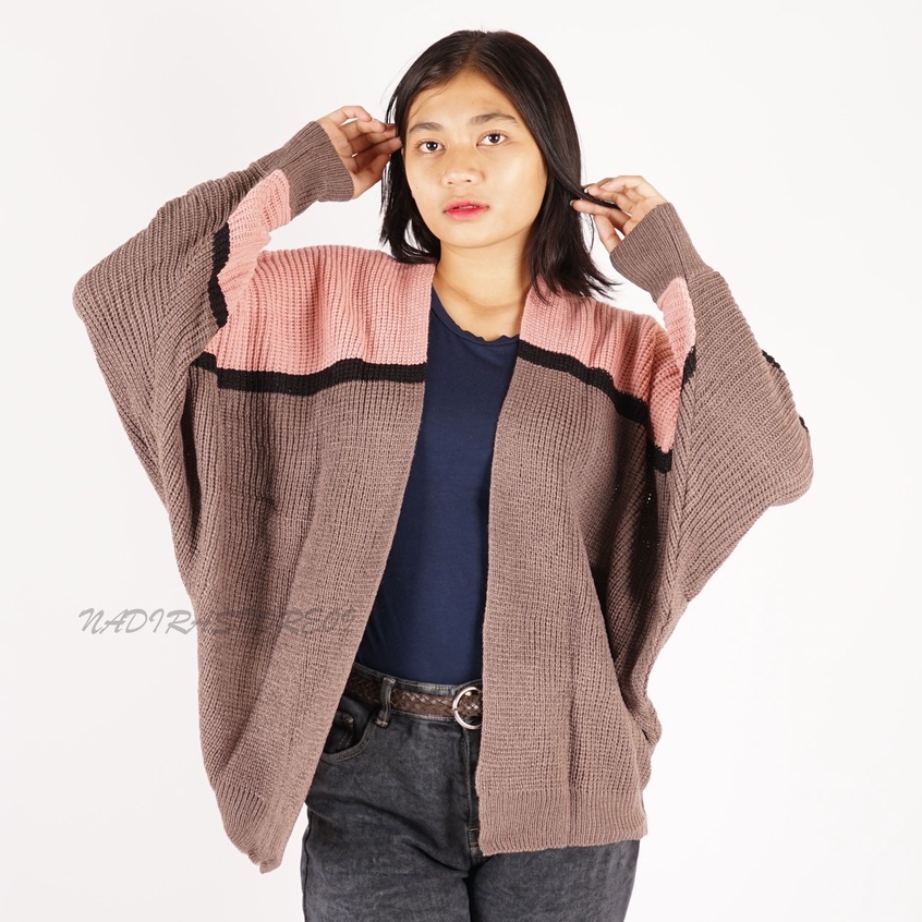 CARDIGAN BATWING RAJUT OVERSIZE PREMIUM / KOMBINASI / DUSTY BURGUNDY STRIP HITAM