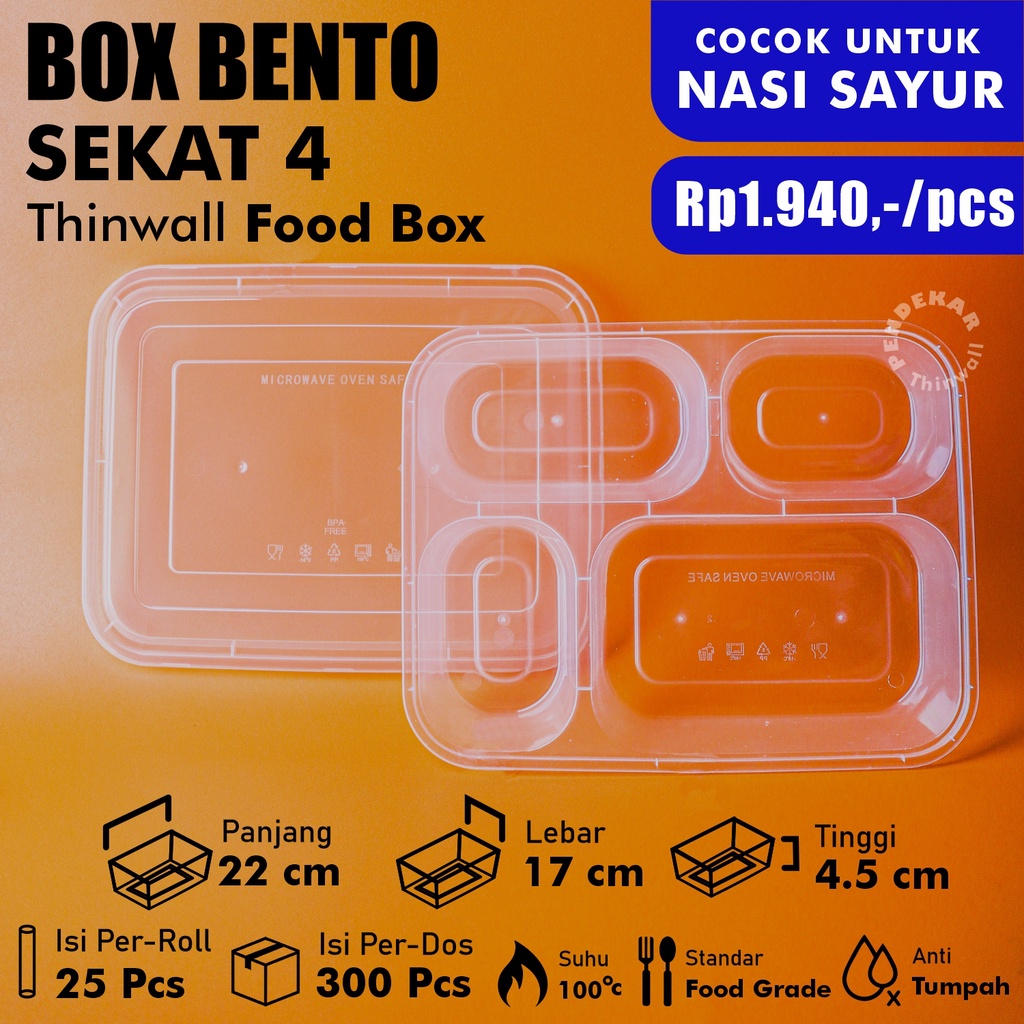 Kotak Makan Plastik Sekat 4 Tutup Dome TEBAL / Kotak Nasi Bento 4 Sekat TEBAL / Kotak Makan Plastik 