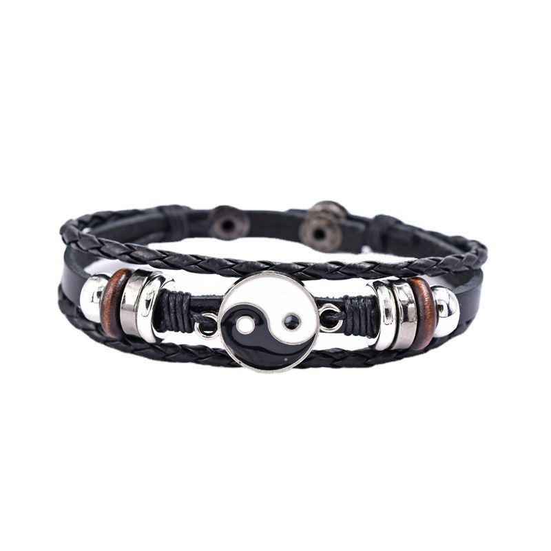 Perhiasan Gelang Rajut Bahan Kulit Aksen Manik-Manik Yin Yang Eight Trigrams Yin Yang Gaya Vintage Untuk Pria