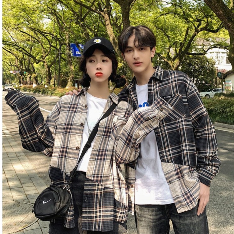 [AIYAYA]Kemeja kotak-kotak lengan panjang gaya korea oversized couple trend kemeja atasan wanita