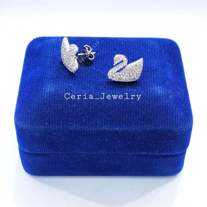 Anting Tusuk Perak Asli Silver Wanita 925 Lapis Emas Putih Model Angsa/Swan , Anting Angsa Permata - Perhiasan Perak Asli